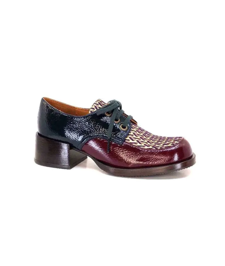Chie Mihara Trudu Cuir Vernis Purple, Vert & Toile Satin Imprimee*Femme Lacets