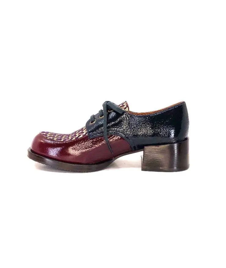 Chie Mihara Trudu Cuir Vernis Purple, Vert & Toile Satin Imprimee*Femme Lacets