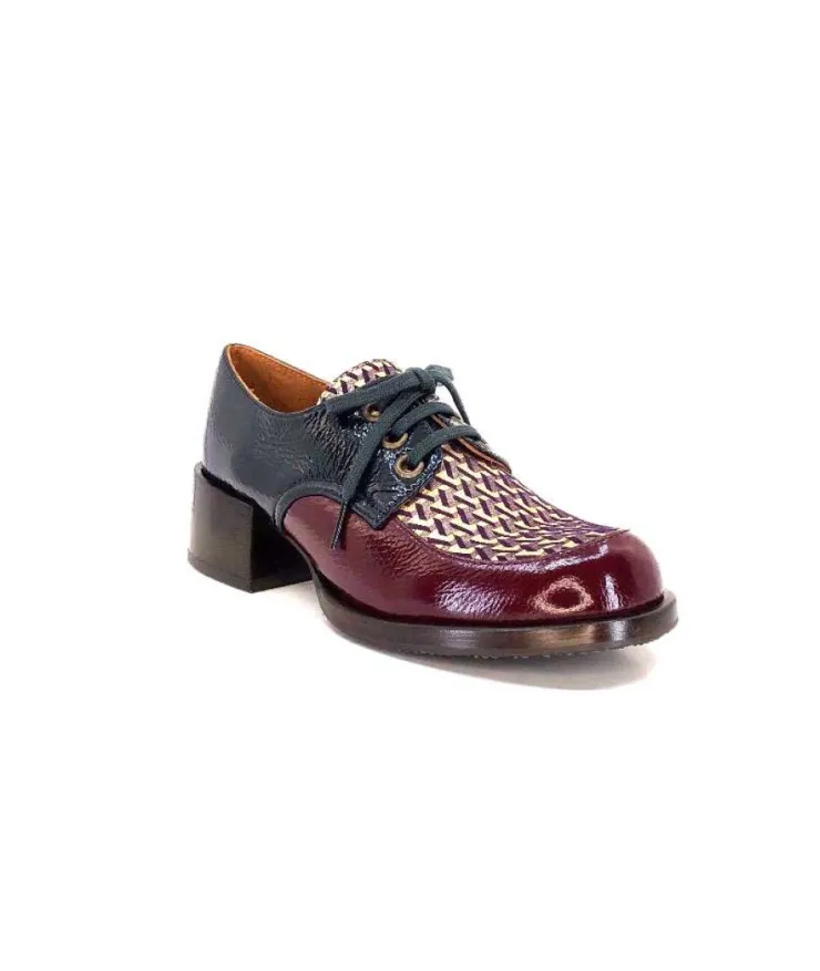 Chie Mihara Trudu Cuir Vernis Purple, Vert & Toile Satin Imprimee*Femme Lacets