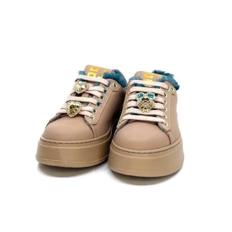 GioPiu Pia 82 Cuir Nude Fourrure Turquoise*Femme Baskets