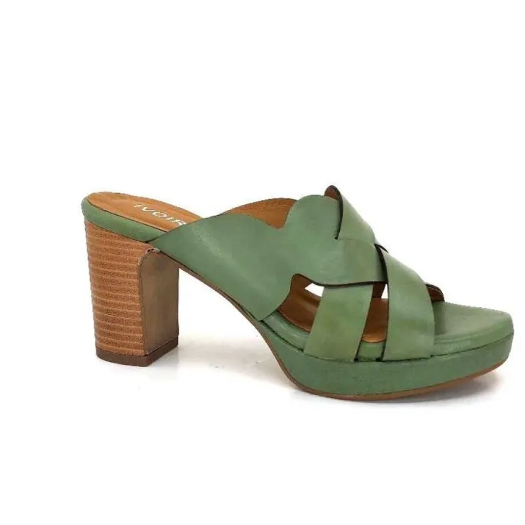 Ivoire0399a Ivoire 6080 Cuir Vert Olive*Femme Mules