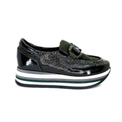 Softwaves 7.78.61 Cuir Vernis Et Daim Kaki*Femme Mocassins