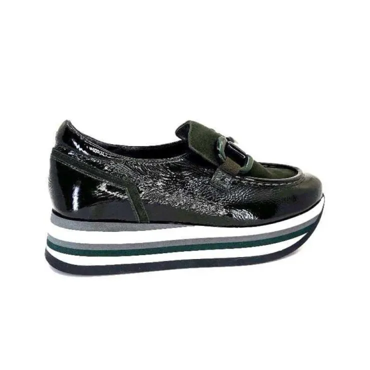Softwaves 7.78.61 Cuir Vernis Et Daim Kaki*Femme Mocassins