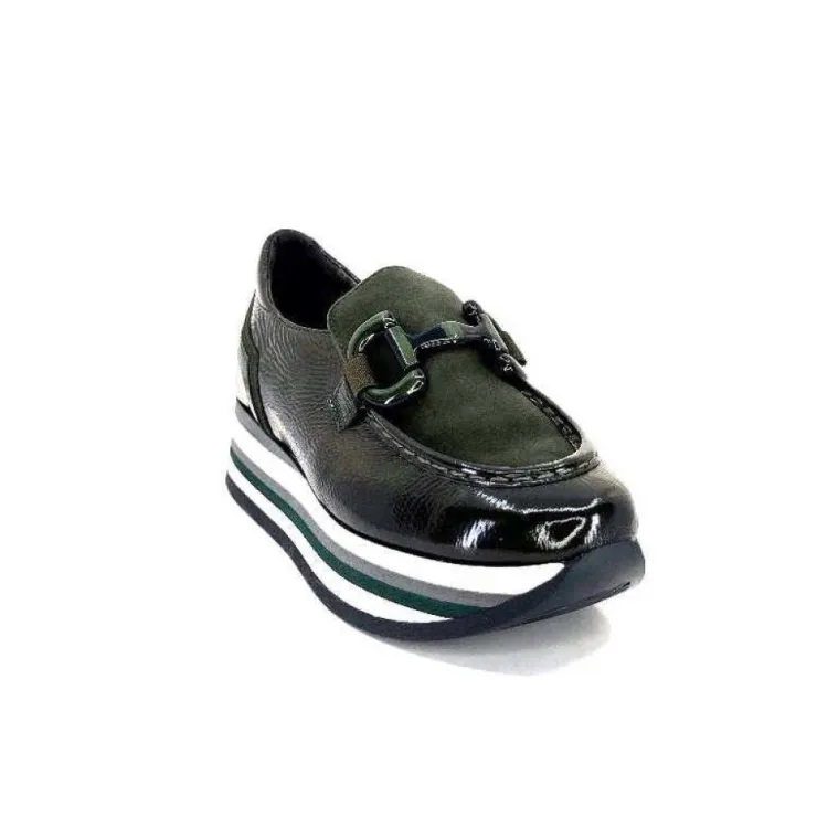 Softwaves 7.78.61 Cuir Vernis Et Daim Kaki*Femme Mocassins