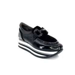 Softwaves 7.78.61 Cuir Vernis Et Daim Noir*Femme Mocassins