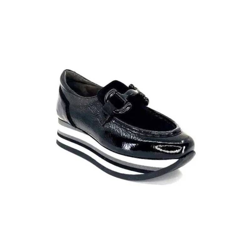 Softwaves 7.78.61 Cuir Vernis Et Daim Noir*Femme Mocassins